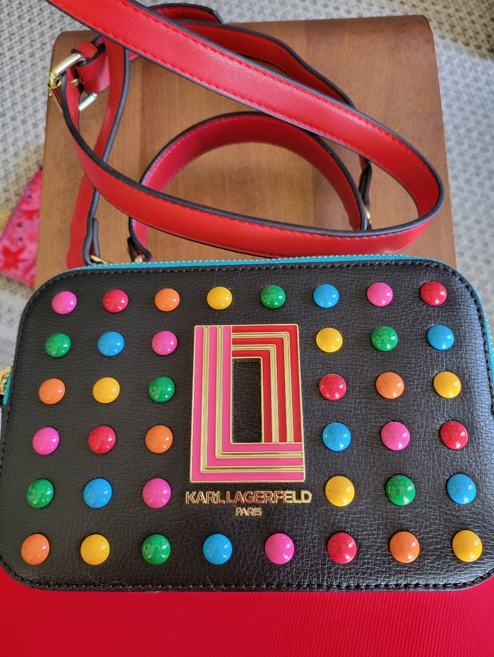 Karl Lagerfeld Black Crossbody with Red Strap and Multicolor Studs